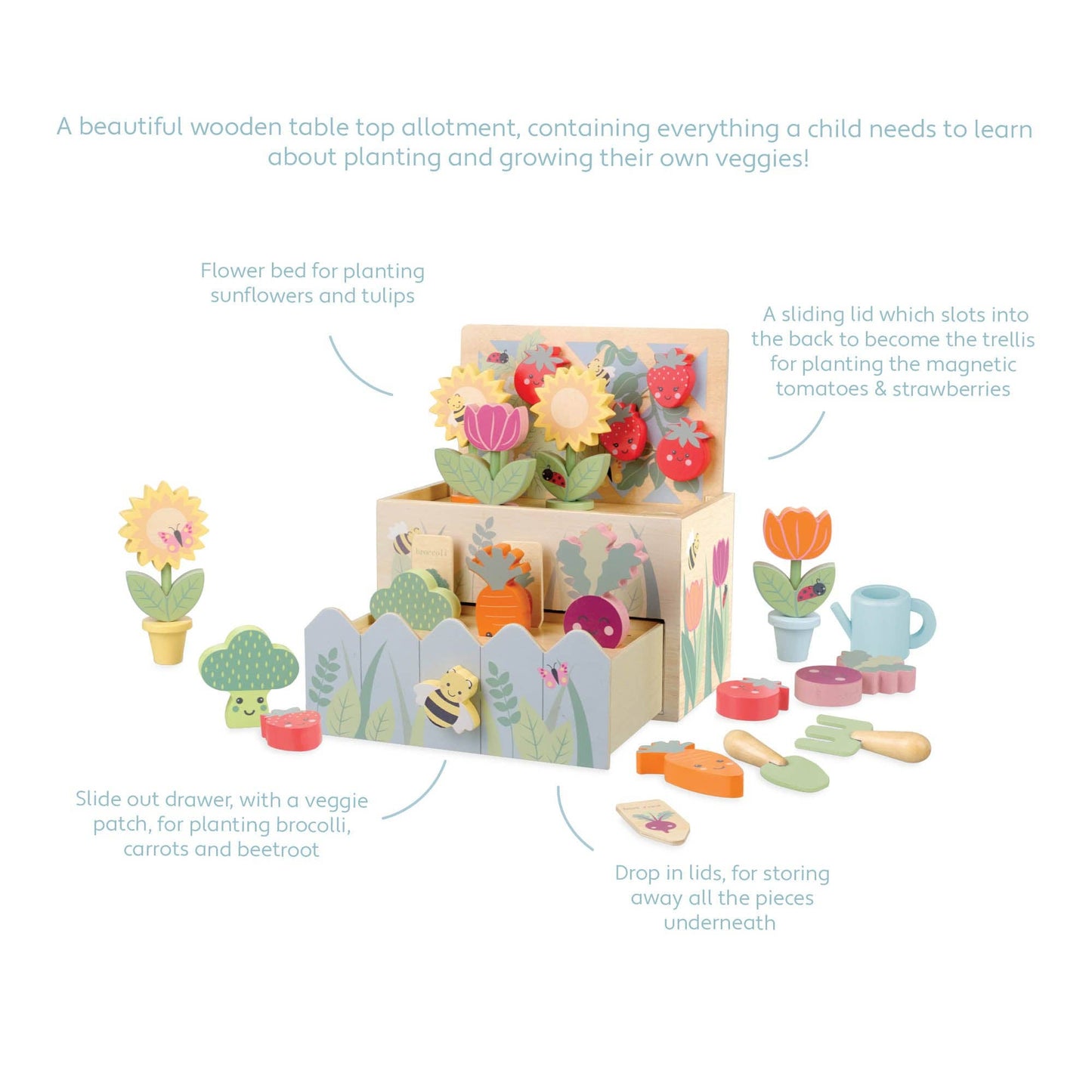 Sunflowers and tulips planted in the wooden flower bed of the My First Wooden Allotment set - Orange Tree Toys - My First Wooden Allotment - Grace and Fox