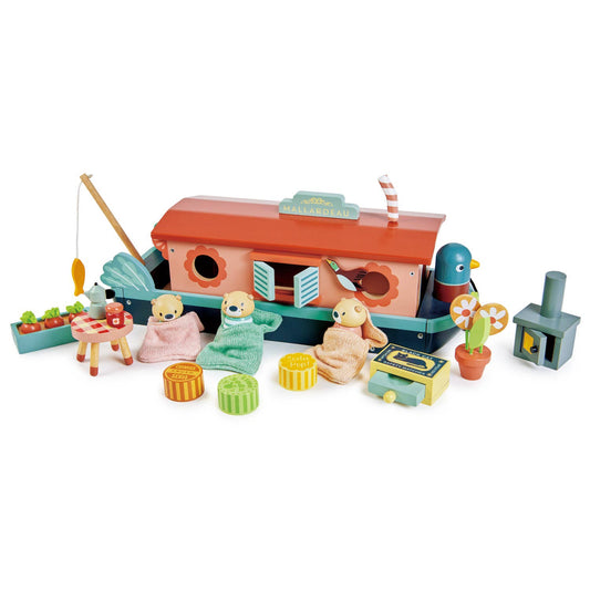 Malardeau Canal Boat by Tender Leaf Toys with doll characters Suzy, Skipper, and Smudge, surrounded by accessories for imaginative play