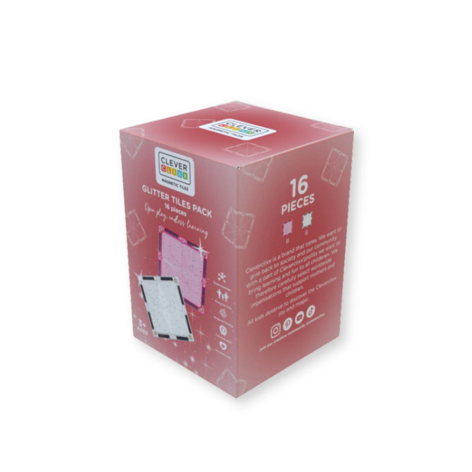 Cleverclixx Glitter Tiles Pack – 16-Piece Transparent Pink Magnetic Building Set - Grace and Fox