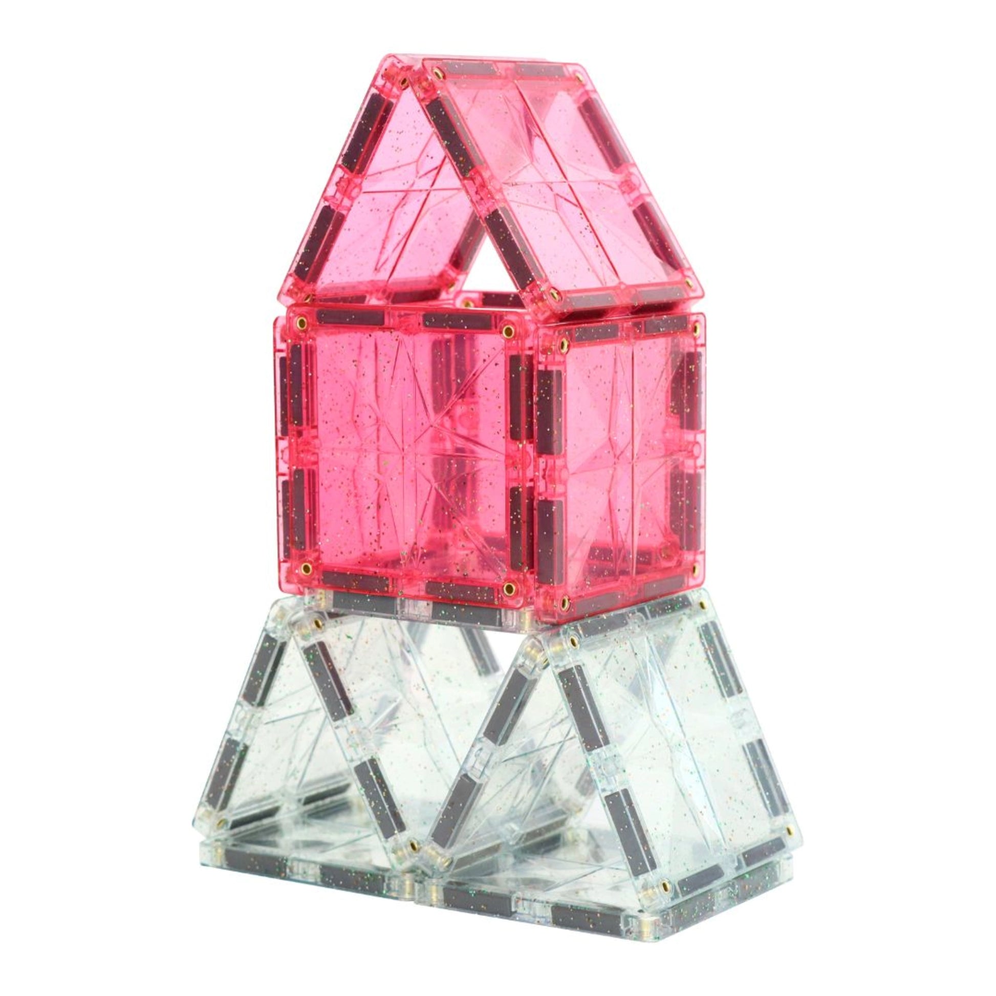 Cleverclixx Glitter Tiles Pack – 16-Piece Transparent Pink Magnetic Building Set - Grace and Fox