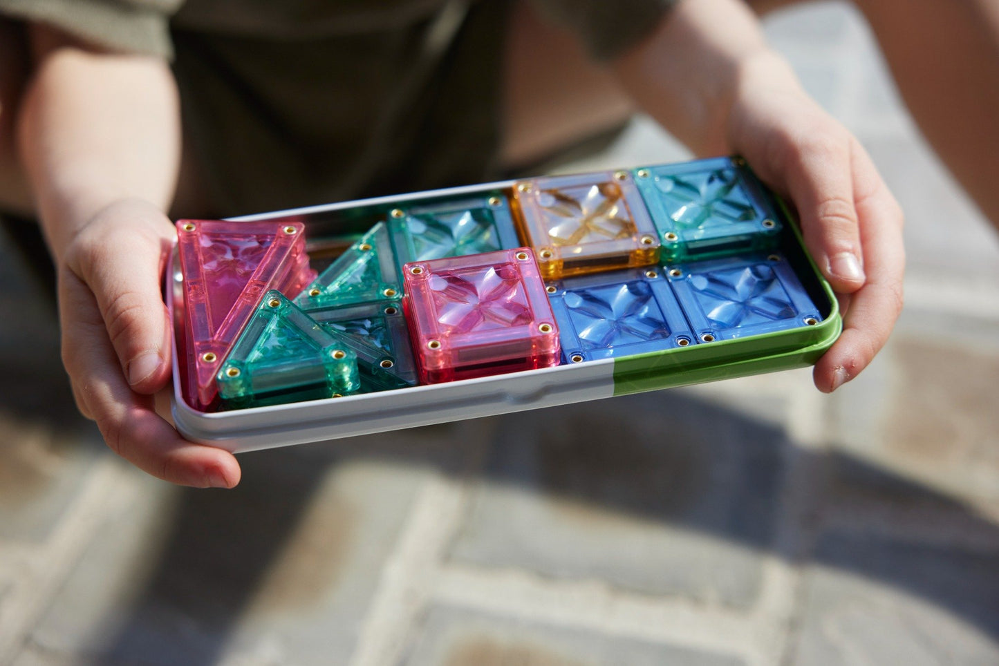 Cleverclixx Mini Tiles Pack Pastel – 28-Piece Magnetic Travel Set in Metal Tin