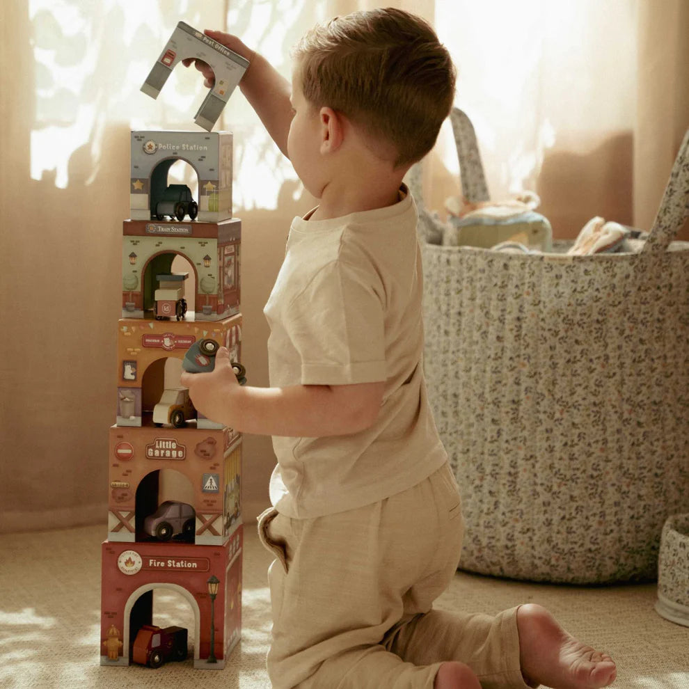 Wooden city playset with buildings and vehicles for toddlers