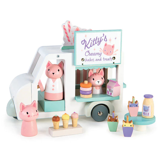 Wooden Kitty's Milkshake Van with 3 hatches, cat dolls, and accessories for imaginative play.