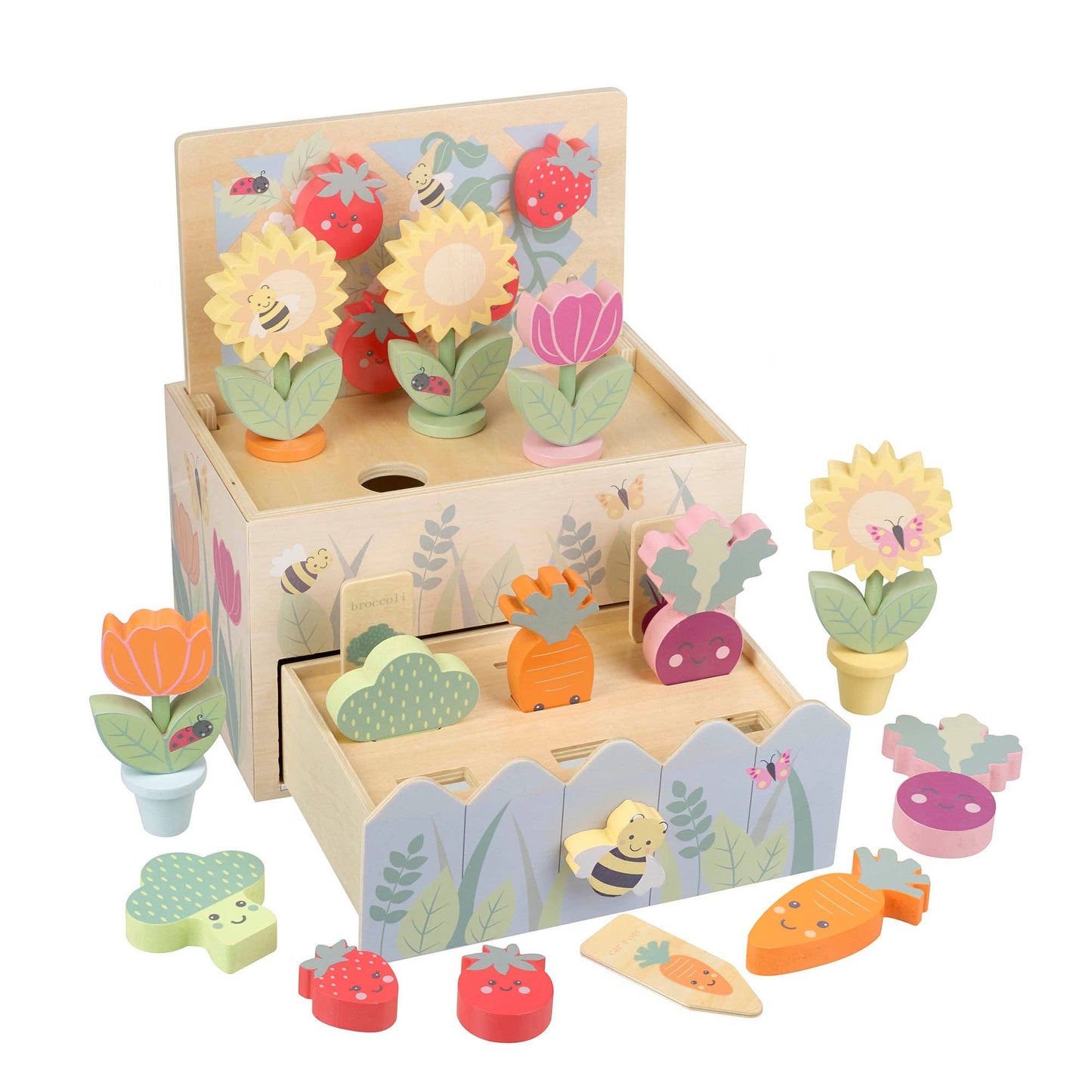 Wooden allotment set with sliding lid transformed into trellis for magnetic tomatoes and strawberries, Orange Tree Toys - Grace and Fox