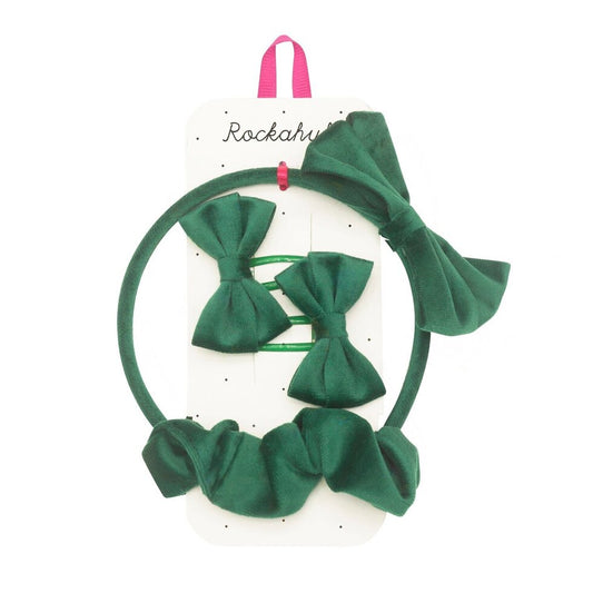 Velvet Bow School Hair Set Green - Rockahula - Grace and Fox