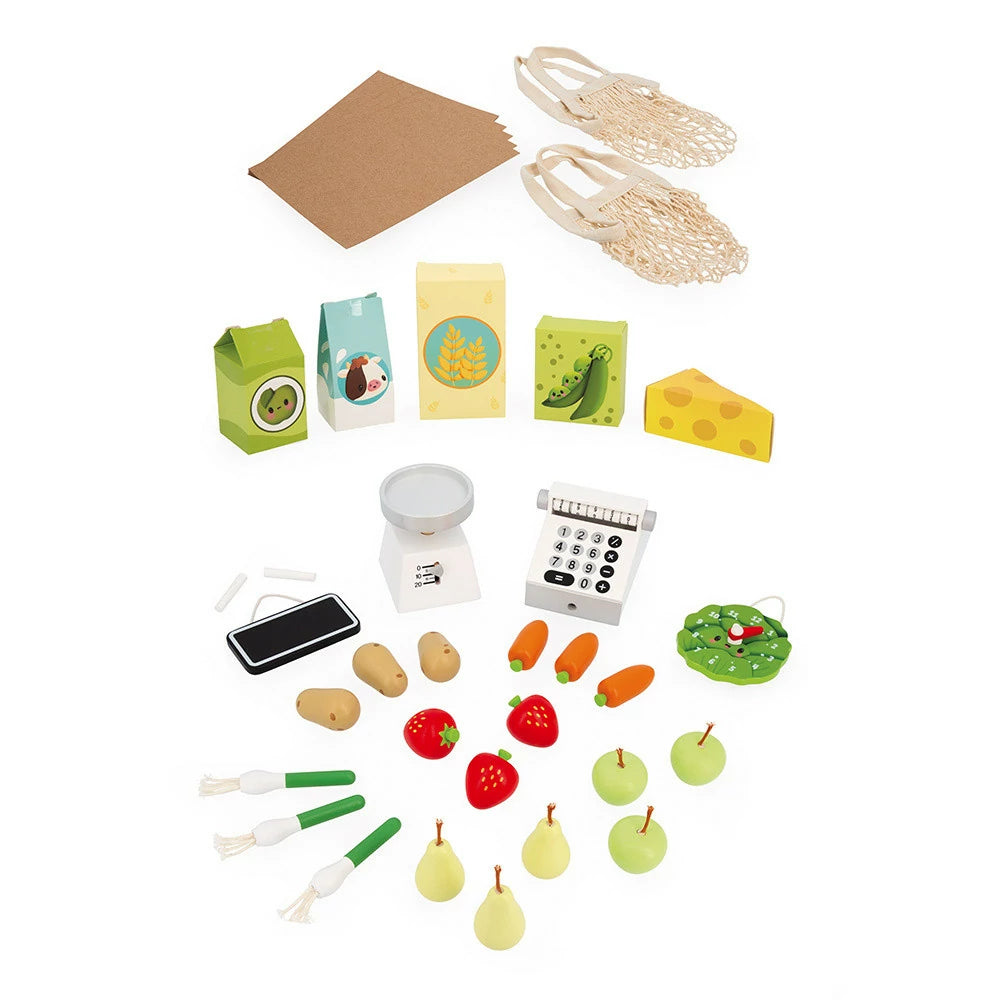 Janod Wooden Farm Market Playset with 58 Accessories