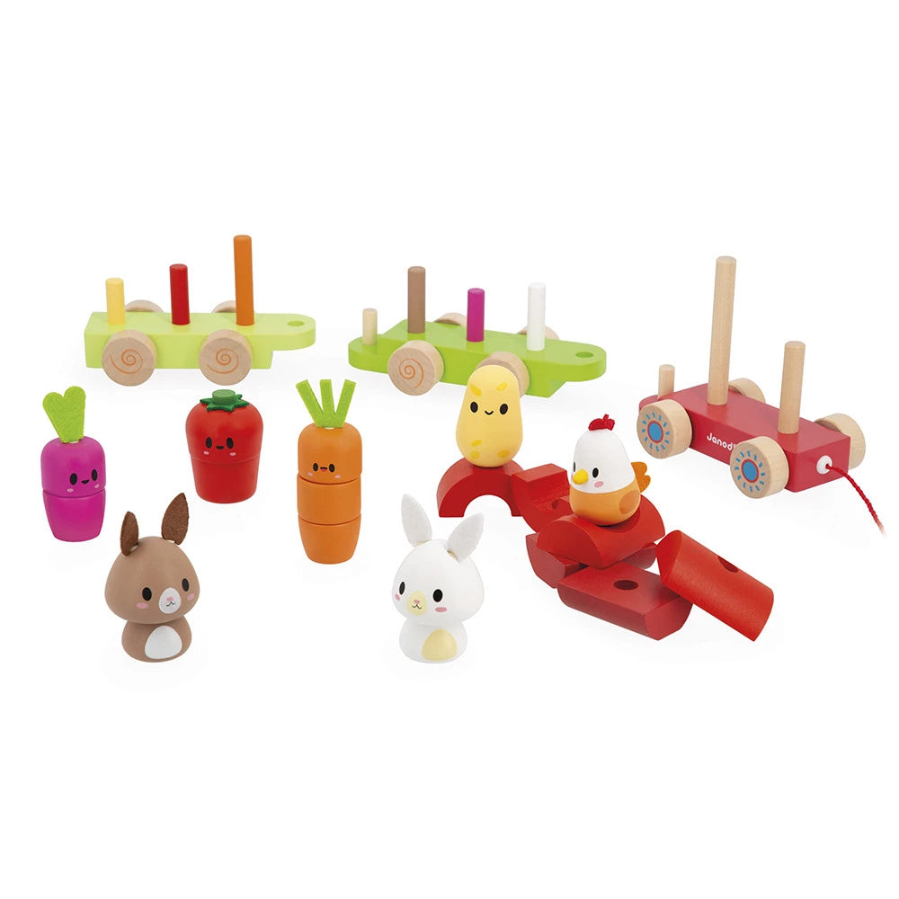 Janod Wooden Pull-Along Train with Farm Animals & Veggies - Grace and Fox