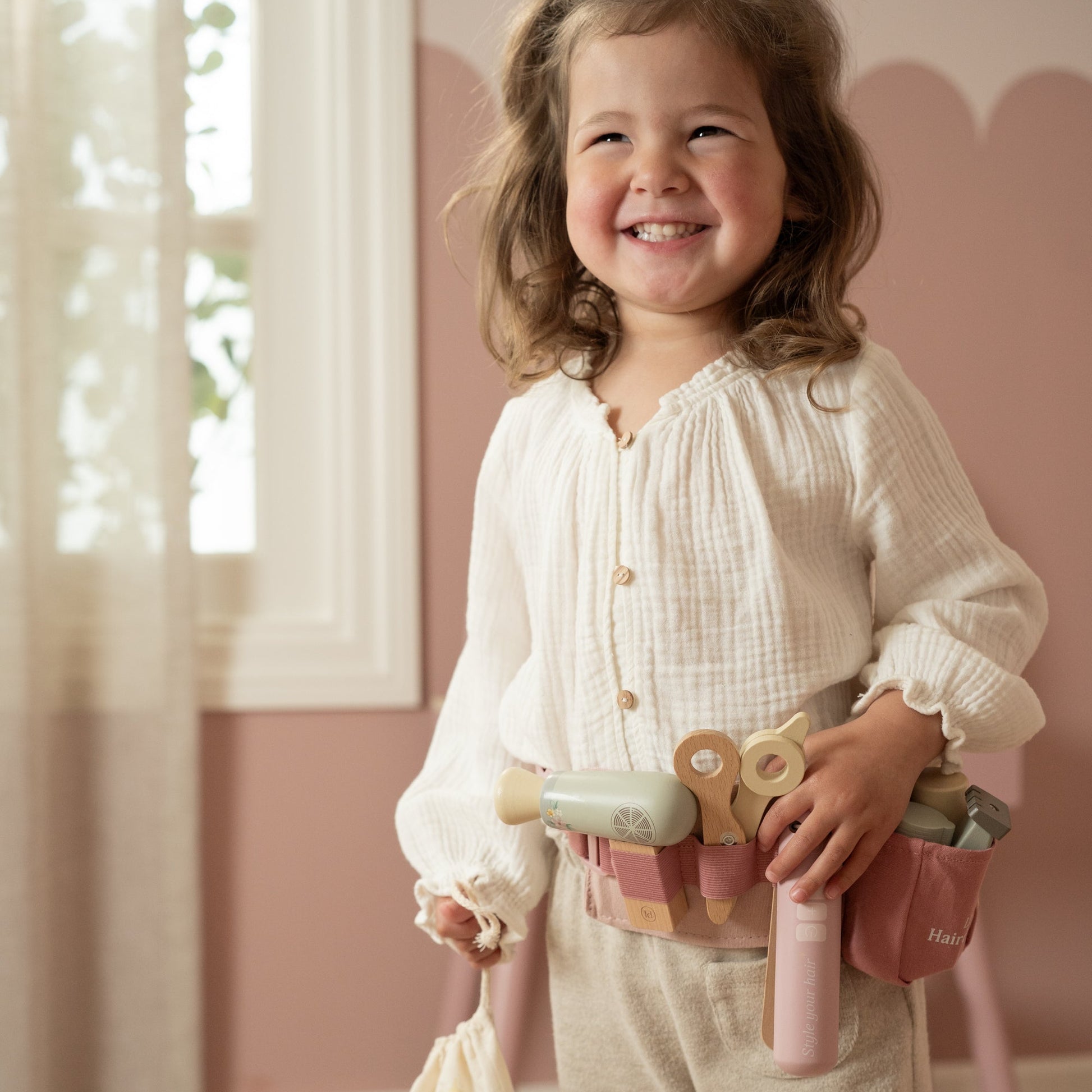 Wooden kids hair salon toy with scissors and hairdryer