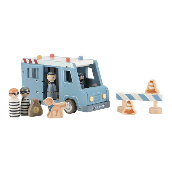 Wooden toy police car with rear compartment for robbers