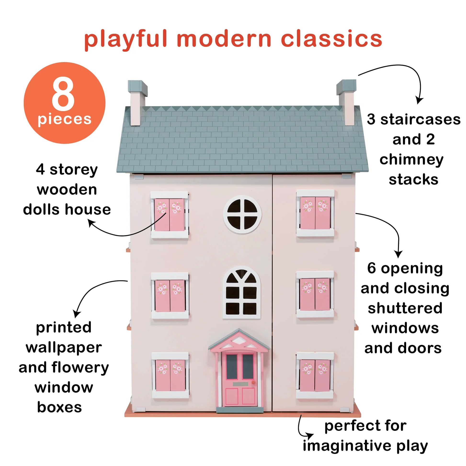 Mentari Heather Hall 4 Storey Wooden Dolls House - Grace and Fox