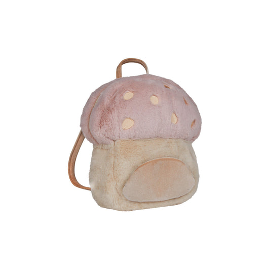 Pink mushroom-shaped Hopalong Backpack by Olli Ella – front view with soft velvet cap.