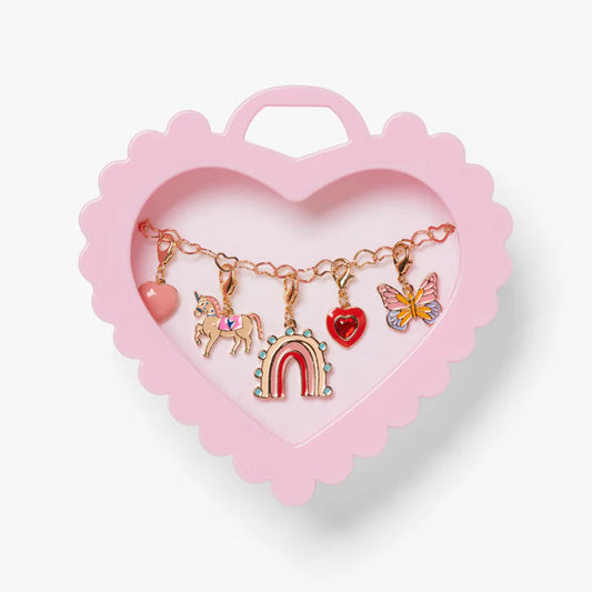 Set of colorful charms in a pink heart-shaped box