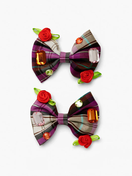 Stych - Check Bow Rose Gem Hair Clips