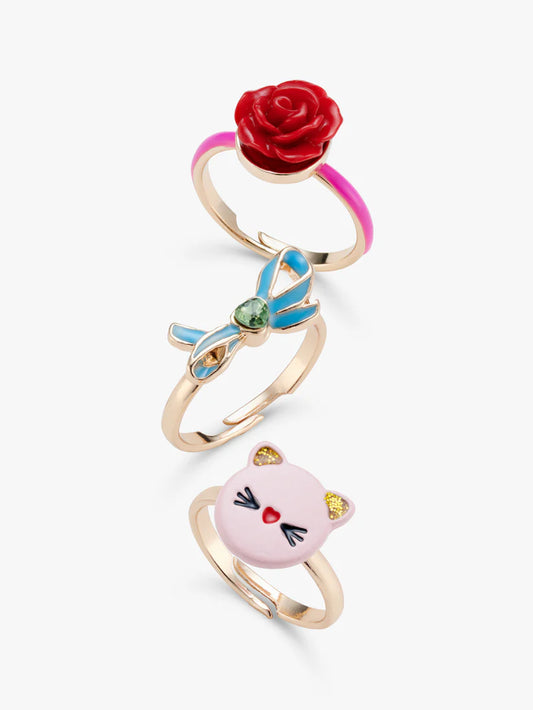 Stych - Cat Face, Bow, and Rose Adjustable Ring Set - Grace and Fox