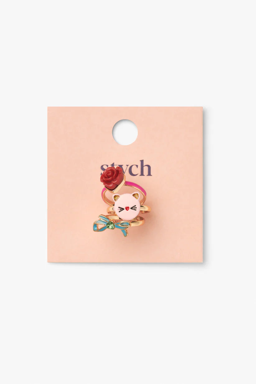 Stych - Cat Face, Bow, and Rose Adjustable Ring Set - Grace and Fox