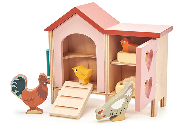 Wooden hen house with heart-shaped cutouts and ramp from Tender Leaf Toys Chicken Coop set - Grace and Fox