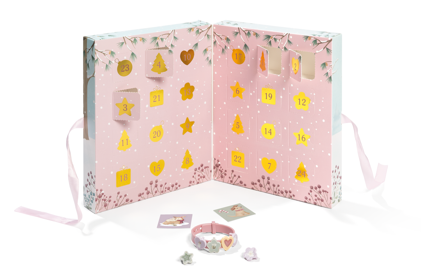 Open advent calendar showing pink boxes with numbered windows