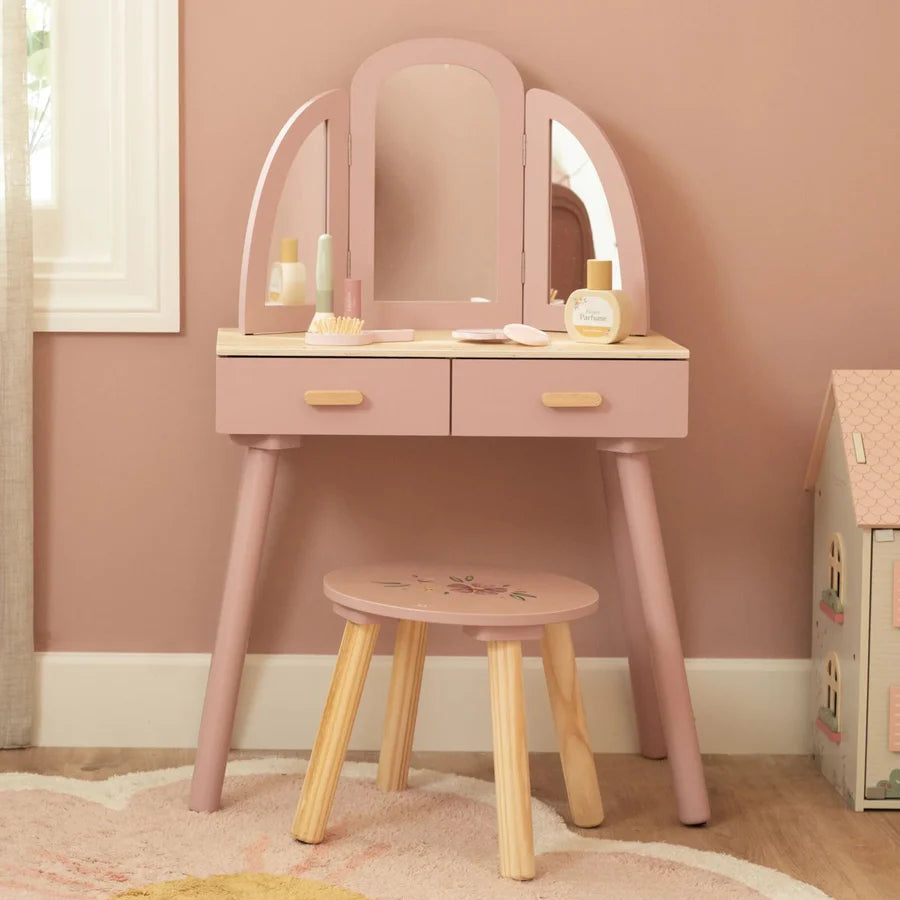 Children’s vanity set with three-panel mirror and stool