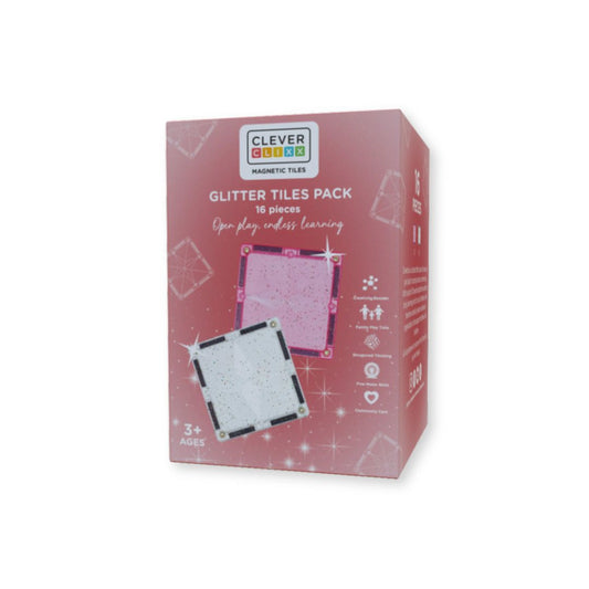 Cleverclixx Glitter Tiles Pack – 16-Piece Transparent Pink Magnetic Building Set