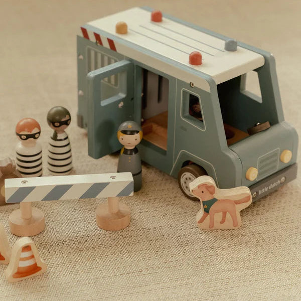 Little Dutch wooden police van toy with officers and dog