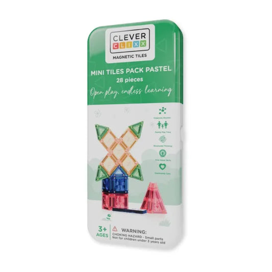 Cleverclixx Mini Tiles Pack Pastel – 28-Piece Magnetic Travel Set in Metal Tin